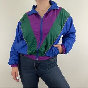 Vintage 90s Purple Blue Green Colorblock Mock Neck Full Zip Windbreaker Jacket